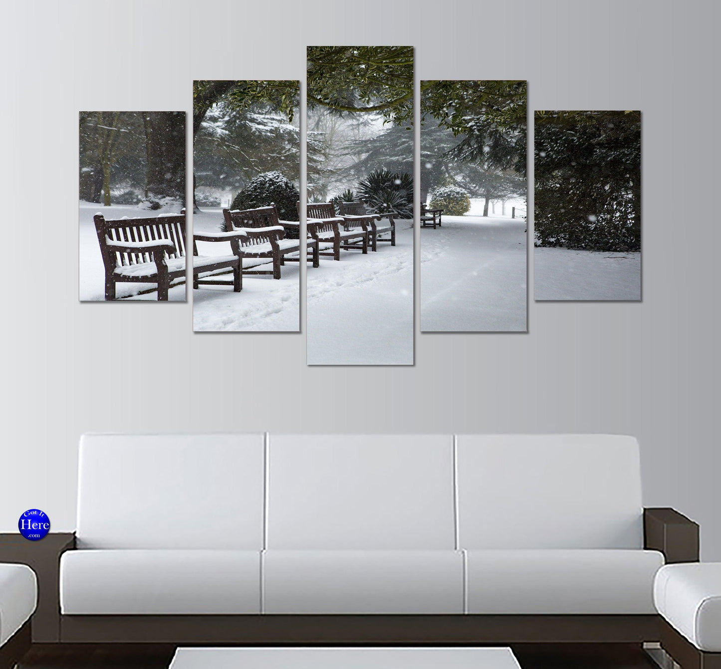 Snow Covered Park Benches Winter 5 Panel Canvas Print Wall Art - GotItHere.com
