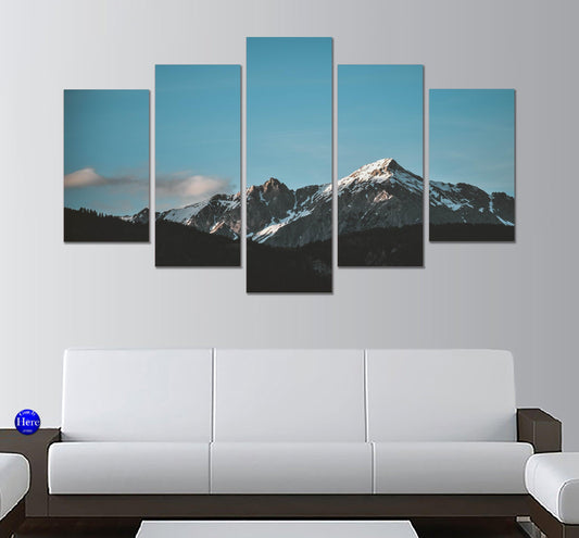 Snowy Mountain Range Over Forest Ridge 5 Panel Canvas Print Wall Art - GotItHere.com