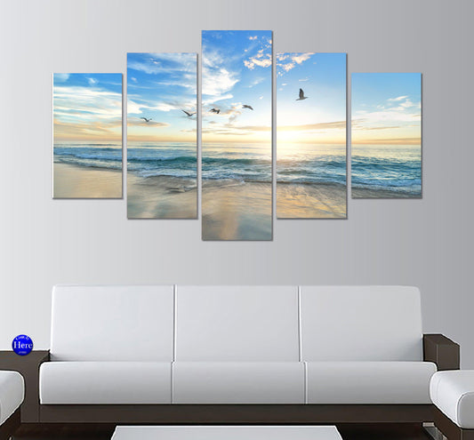 Sunrise Beach Seagulls 5 Panel Canvas Print Wall Art - GotItHere.com