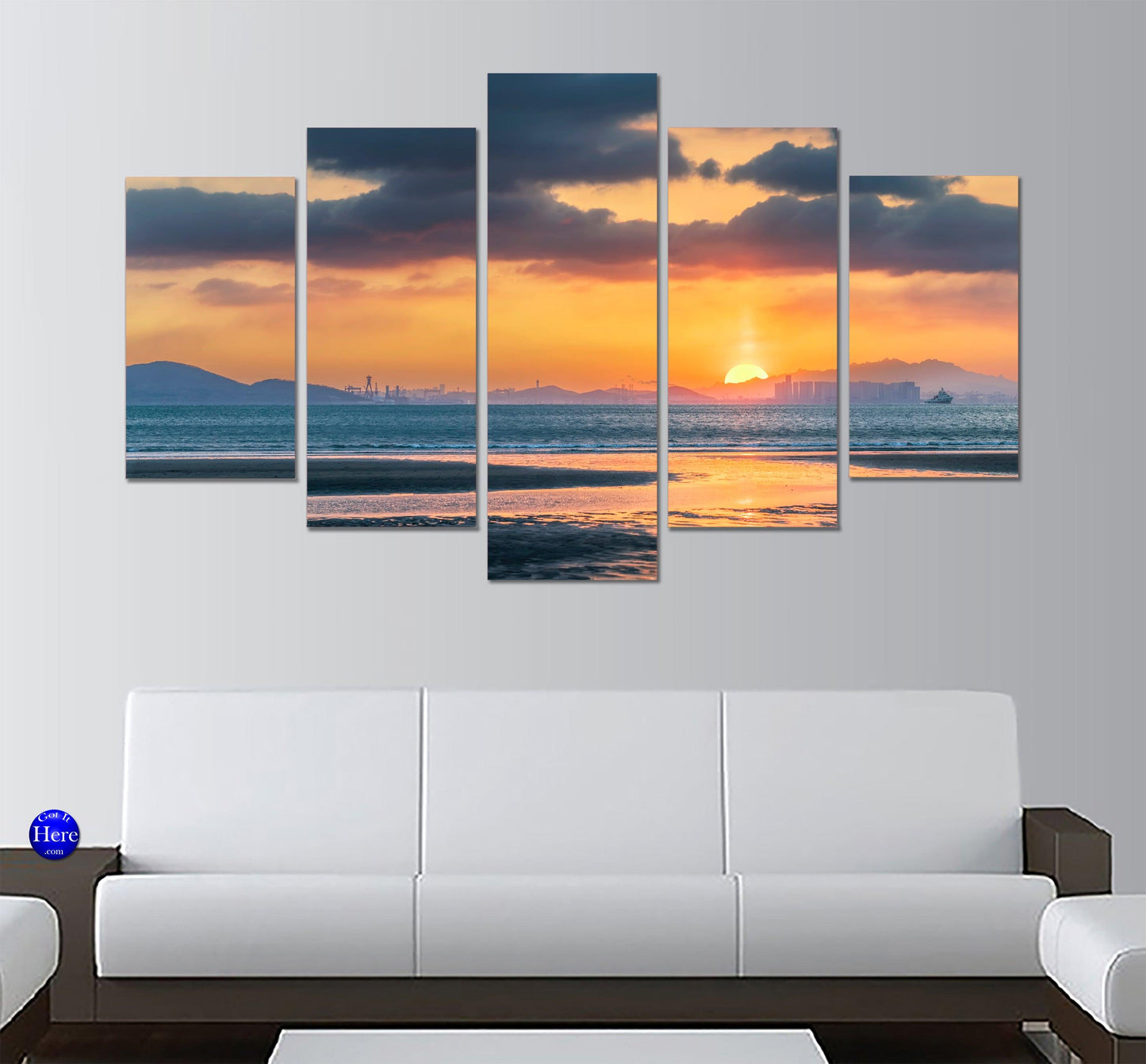 Sunset Over Tidal Flats Qingdao China 5 Panel Canvas Print Wall Art - GotItHere.com