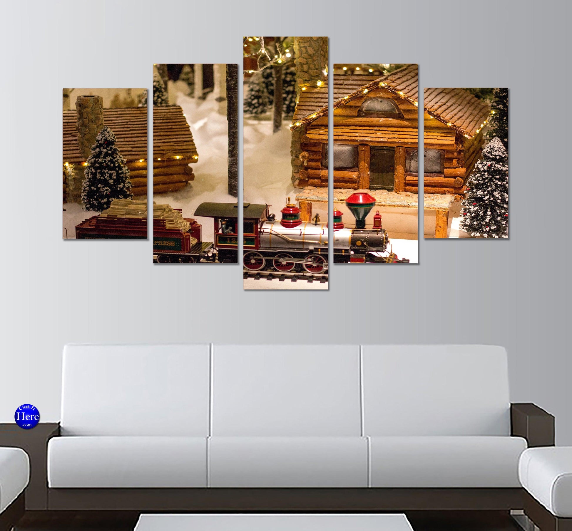 Toy Train In Front Of Gingerbread Log Cabin 5 Panel Canvas Print Wall Art - GotItHere.com