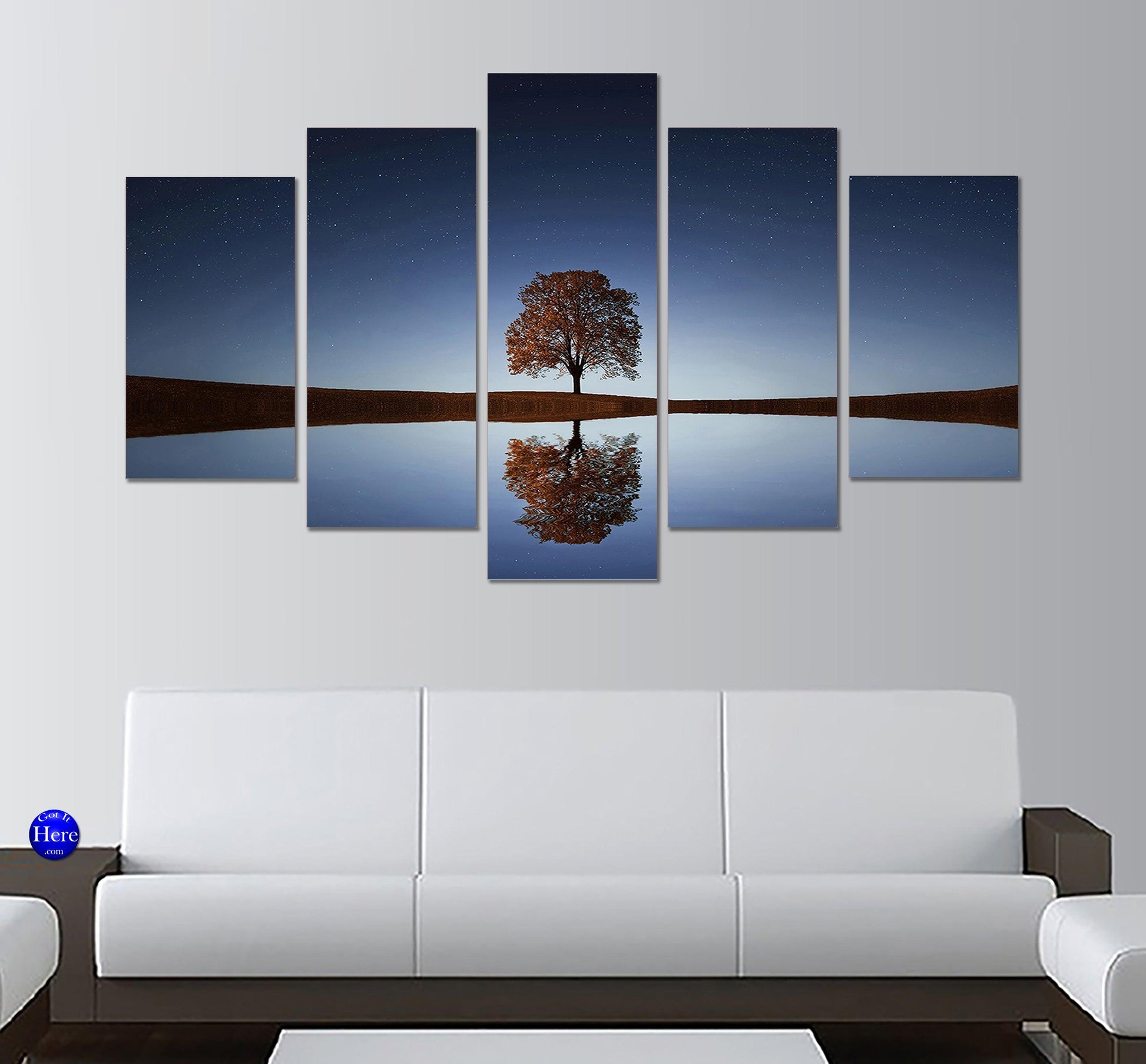 Tree At Twilight Reflected in Desert Oasis Lake 5 Panel Canvas Print Wall Art - GotItHere.com