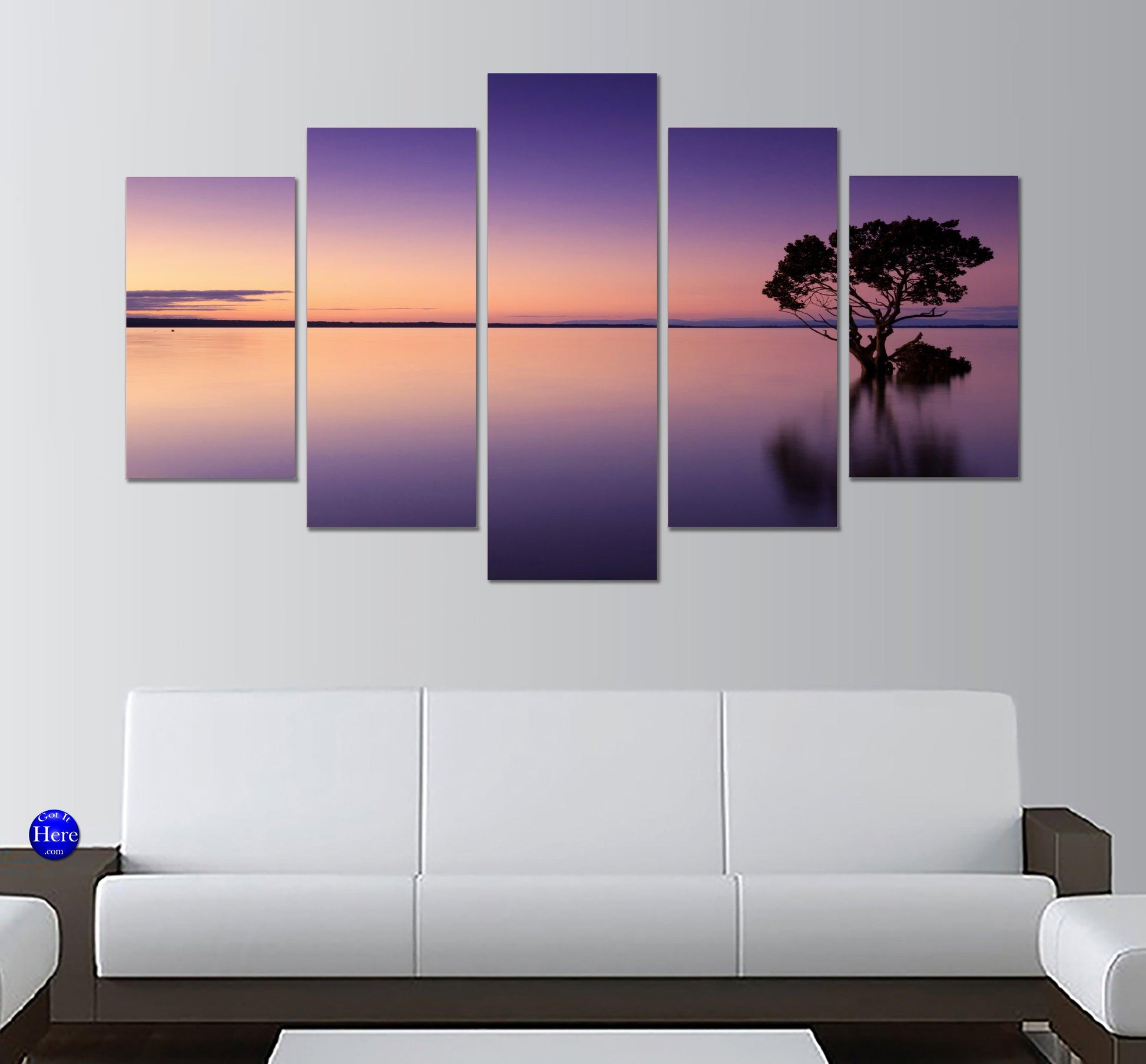 Tree In Lake Beautiful Purple Sunset 5 Panel Canvas Print Wall Art - GotItHere.com