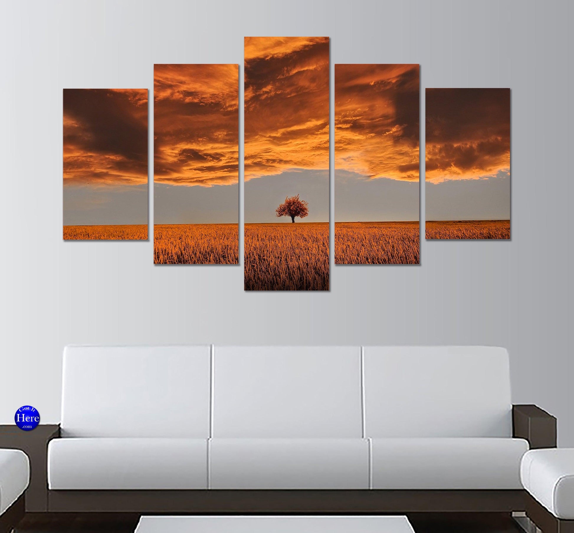 Tree In Wheat Field Prairie - Fire Sunset 5 Panel Canvas Print Wall Art - GotItHere.com