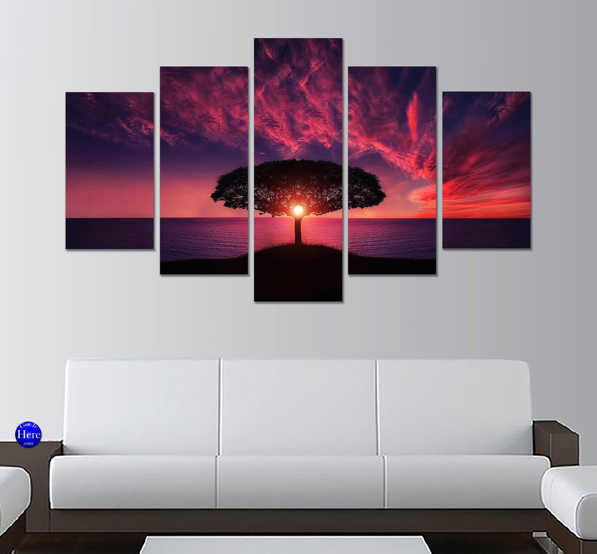 Tree Of Life Lone Isolated Tree Silhouette During Purple Sunset 5 Panel Canvas Print Wall Art - GotItHere.com
