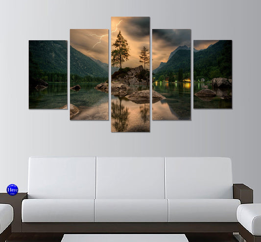 Tree Reflection On Lake Thunder Storm 5 Panel Canvas Print Wall Art - GotItHere.com