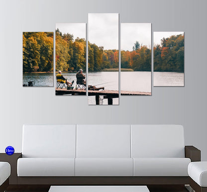 Two Men Fishing On Lake Dock 5 Panel Canvas Print Wall Art - GotItHere.com