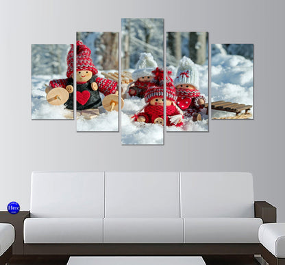 Wooden Dolls Figurines Winter Sledding 5 Panel Canvas Print Wall Art - GotItHere.com