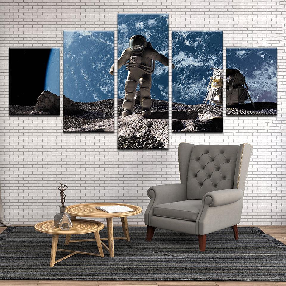 Astronaut On The Moon Illustration 5 Panel Canvas Print Wall Art - GotItHere.com