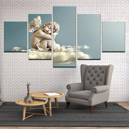 Baby Angel Statuette On Cloud Painting 5 Panel Canvas Print Wall Art - GotItHere.com