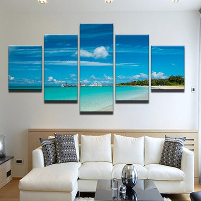 Tropical Beach Boats And Pier 5 Panel Canvas Print Wall Art - GotItHere.com