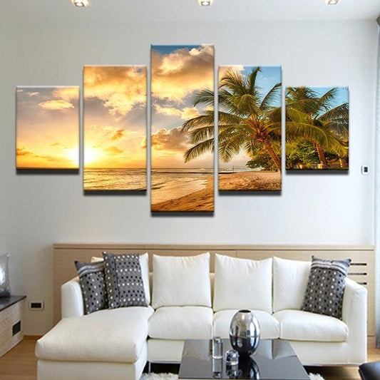 Palm Trees On The Beach At Sunrise 5 Panel Canvas Print Wall Art - GotItHere.com