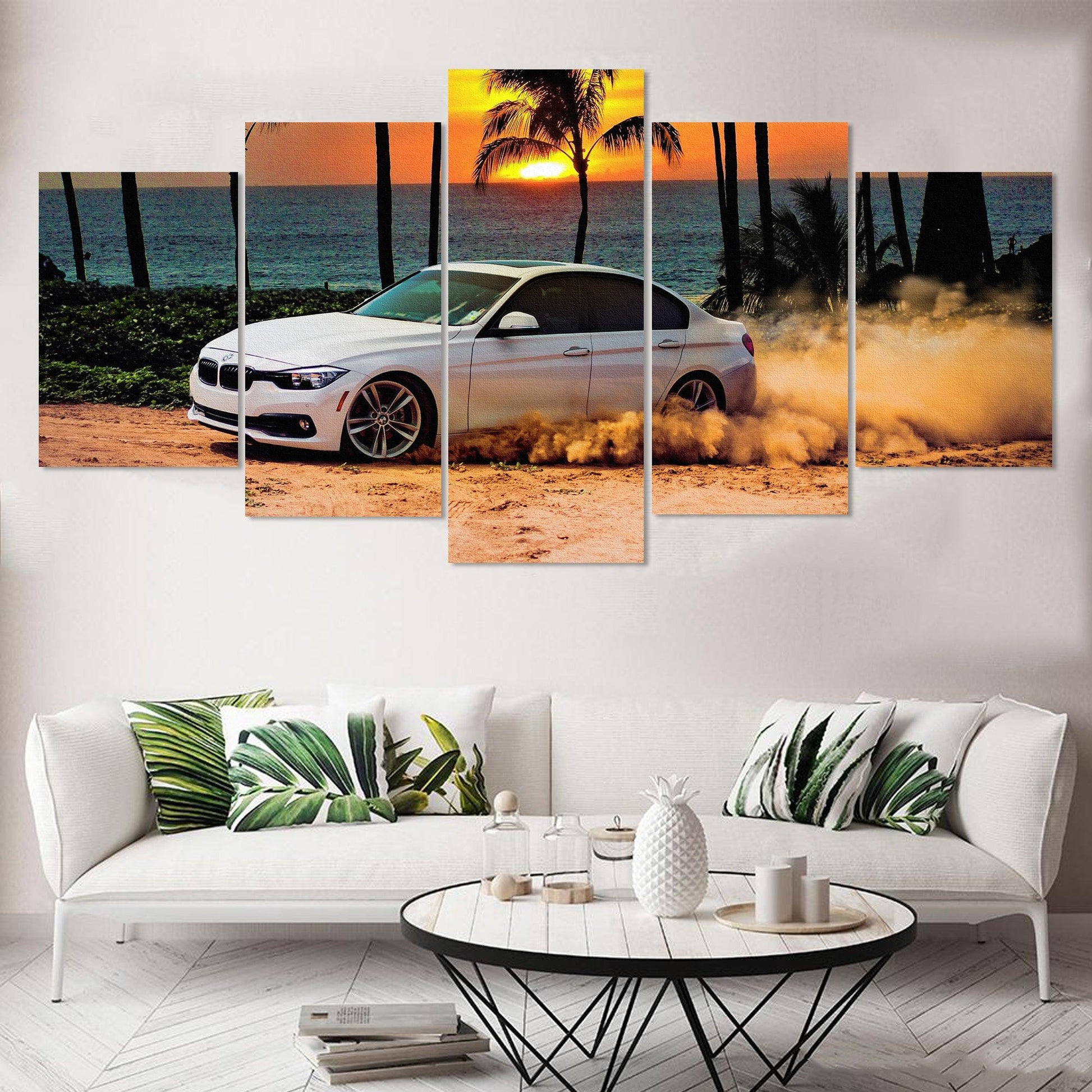 BMW 5 Series Drifting On Beach 5 Panel Canvas Print Wall Art - GotItHere.com