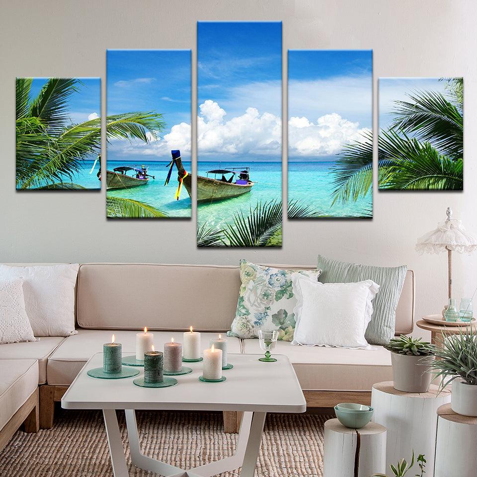 Caribbean Calypso Fishing Boats On Palm Tree Beach 5 Panel Canvas Print Wall Art - GotItHere.com