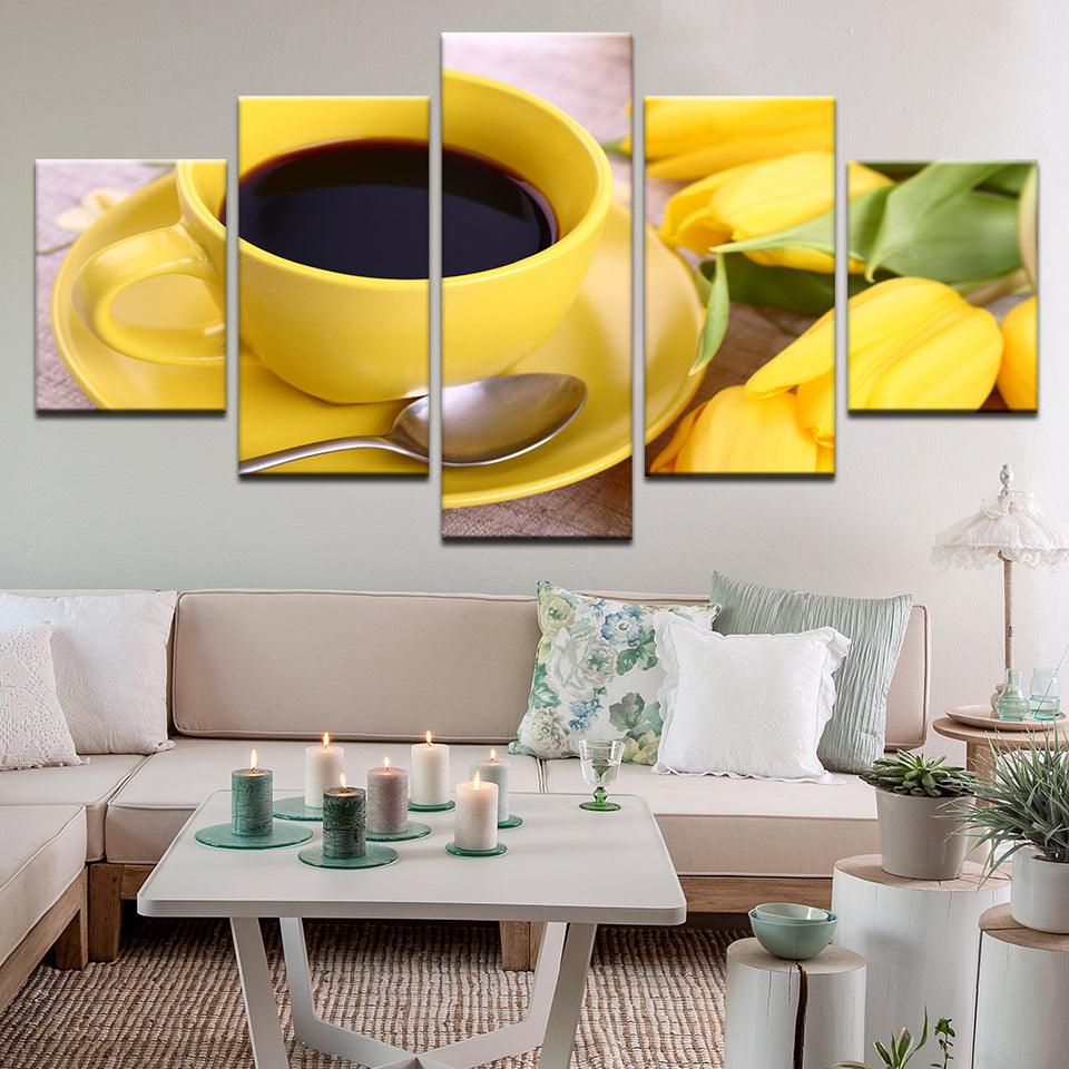 Coffee Yellow Cup Mug 5 Panel Canvas Print Wall Art - GotItHere.com