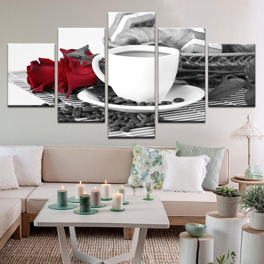 Coffee And Roses 5 Panel Canvas Print Wall Art - GotItHere.com