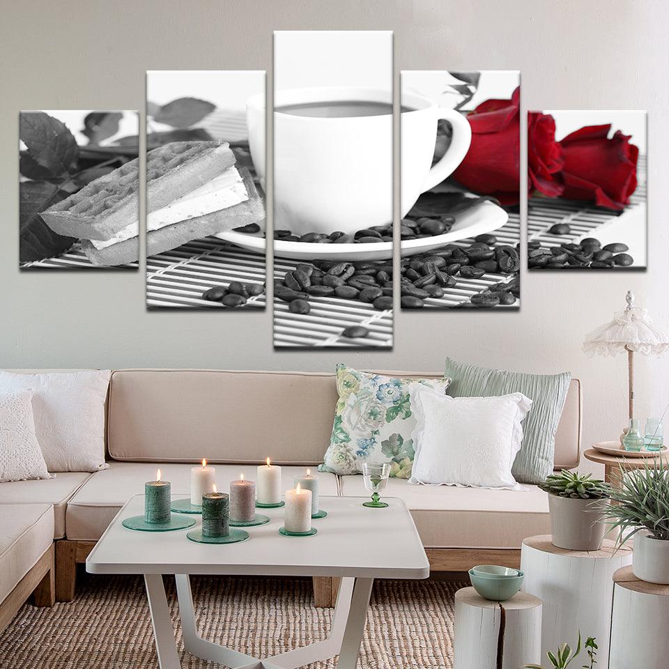 Coffee And Roses 5 Panel Canvas Print Wall Art - GotItHere.com