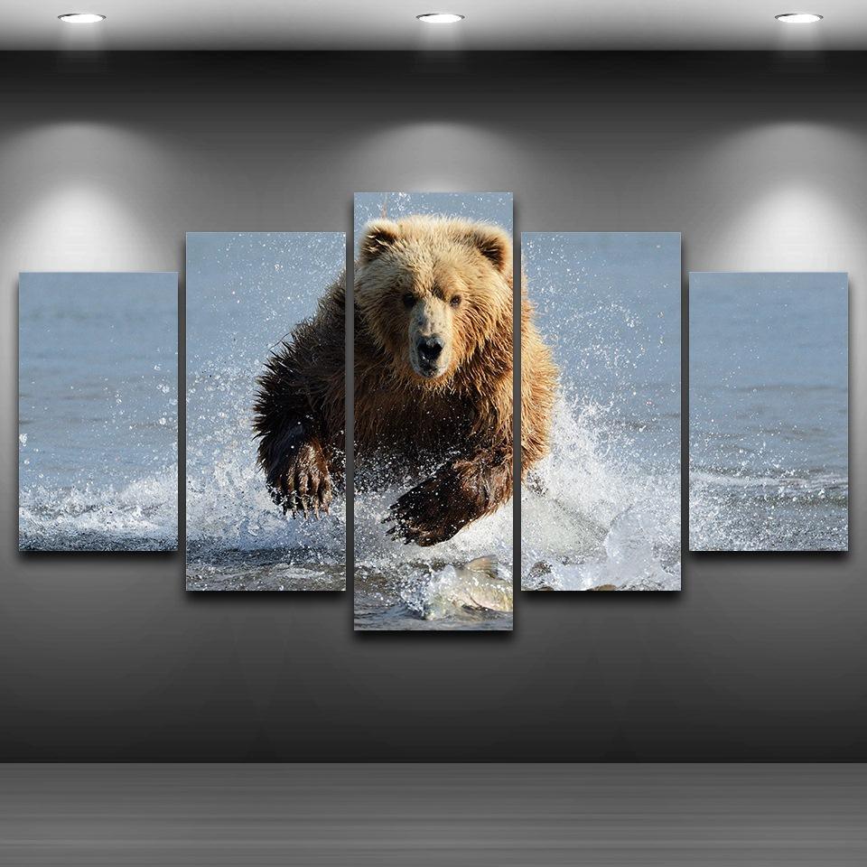 Grizzly Bear In The Water 5 Panel Canvas Print Wall Art - GotItHere.com