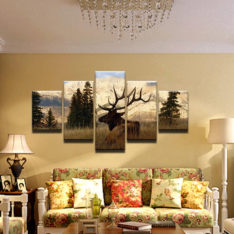 Deer In Field 5 Panel Canvas Print Wall Art - GotItHere.com