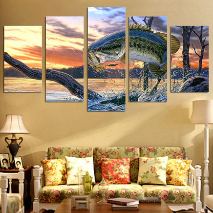 Bass Jumping At Sunrise 5 Panel Canvas Print Wall Art - GotItHere.com