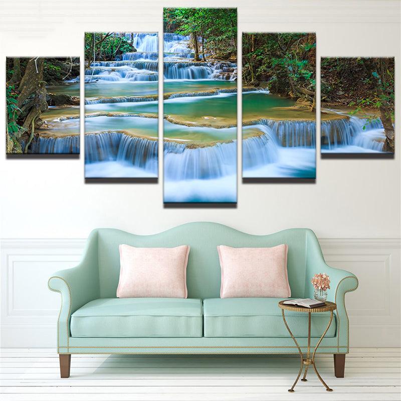 Waterfall In The Rain Forest 5 Panel Canvas Print Wall Art - GotItHere.com