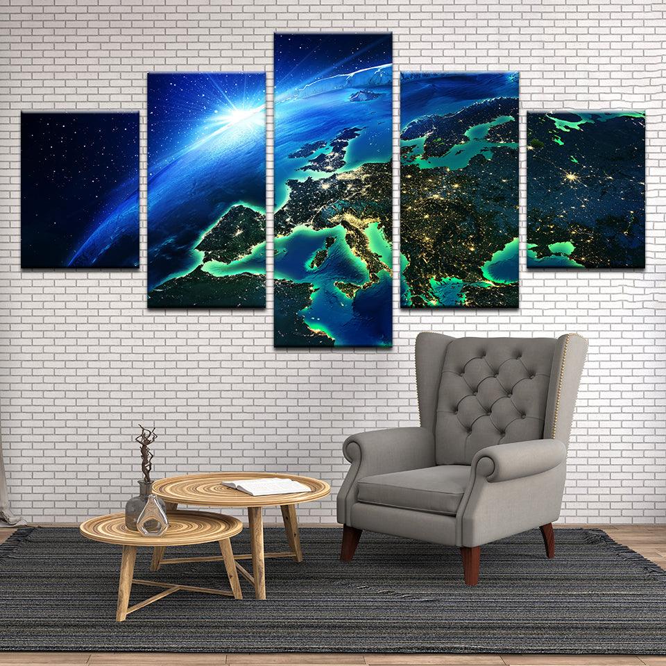 Planet Earth Europe At Night From Space Abstract Polar Cap 5 Panel Canvas Print Wall Art - GotItHere.com