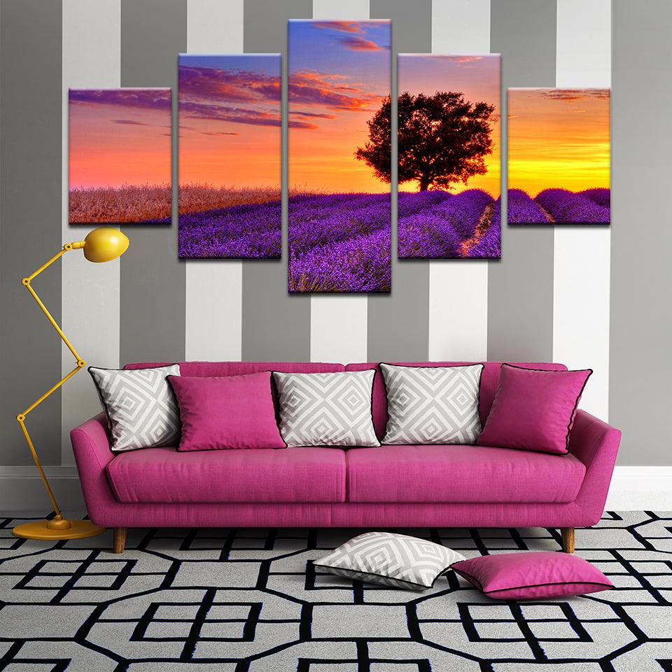 Sunset Over Lavender Field 5 Panel Canvas Print Wall Art - GotItHere.com