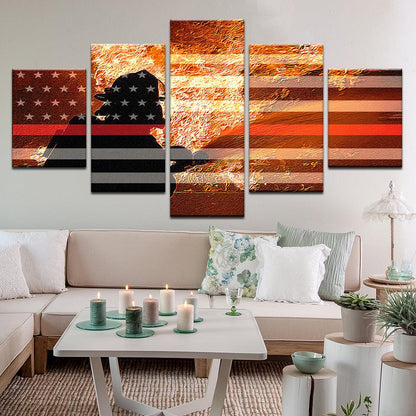 Hero Firefighter American Flag 5 Panel Canvas Print Wall Art - GotItHere.com