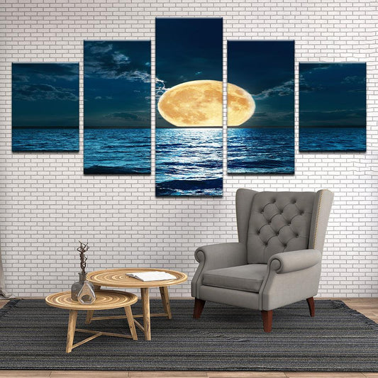 Full Moon Rising From The Sea 5 Panel Canvas Print Wall Art - GotItHere.com