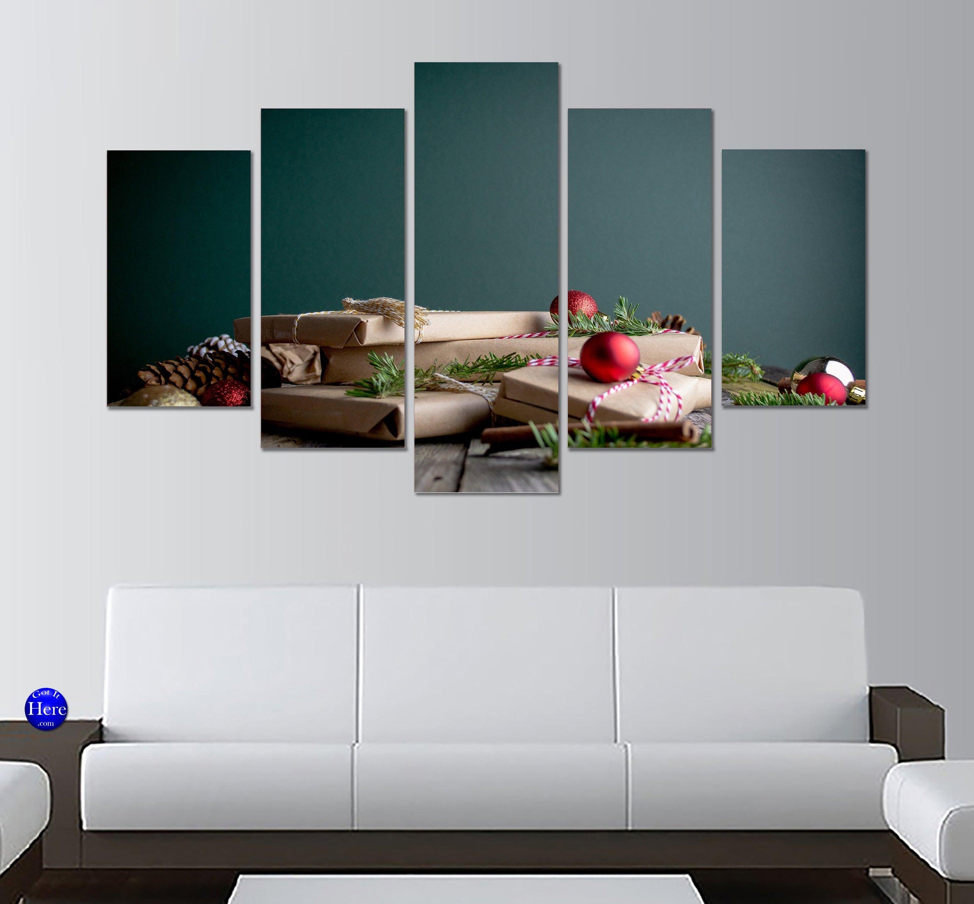 Christmas Gift Boxes With Red Baubles On Top 5 Panel Canvas Print Wall Art - GotItHere.com