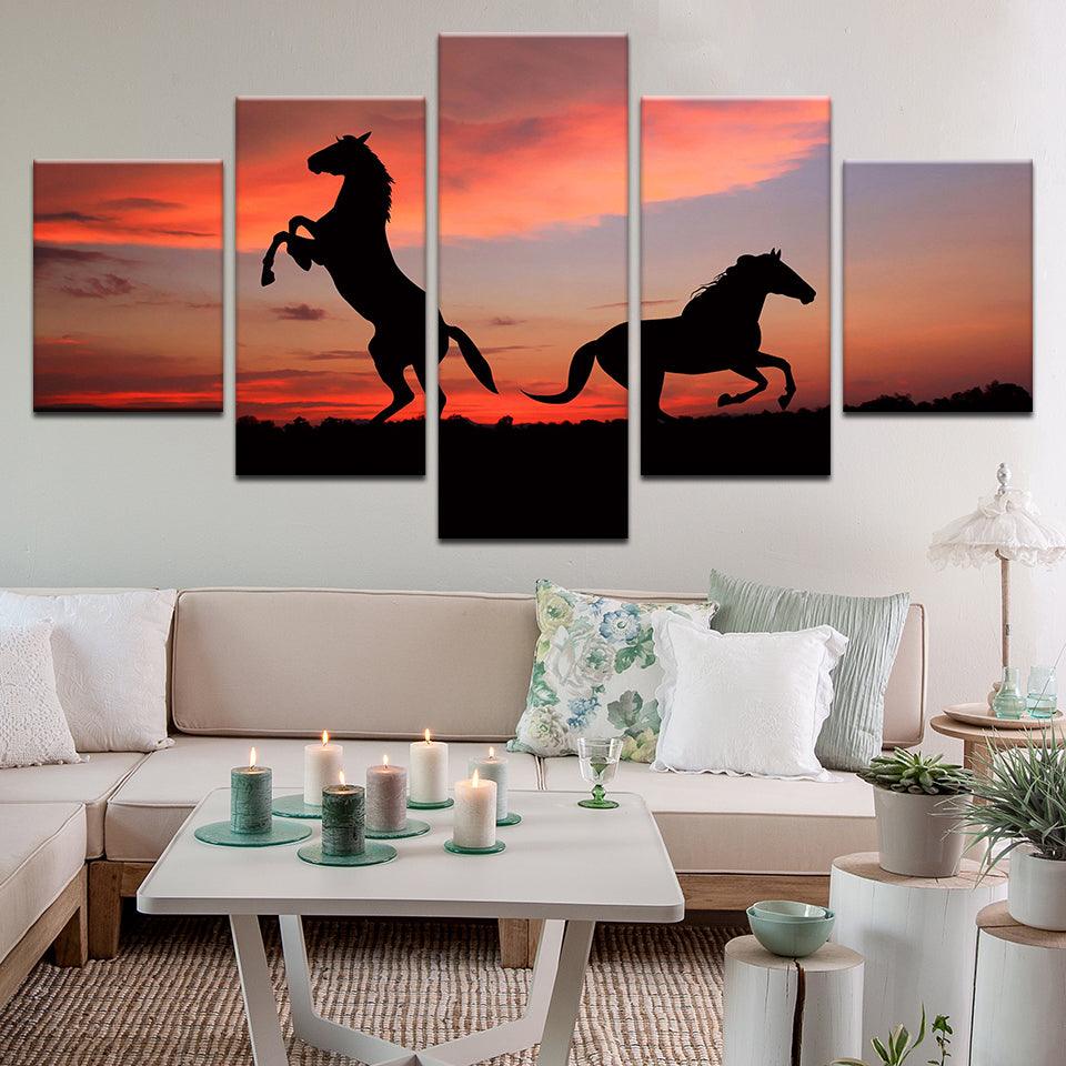 Wild Horses At Sunset 5 Panel Canvas Print Wall Art - GotItHere.com