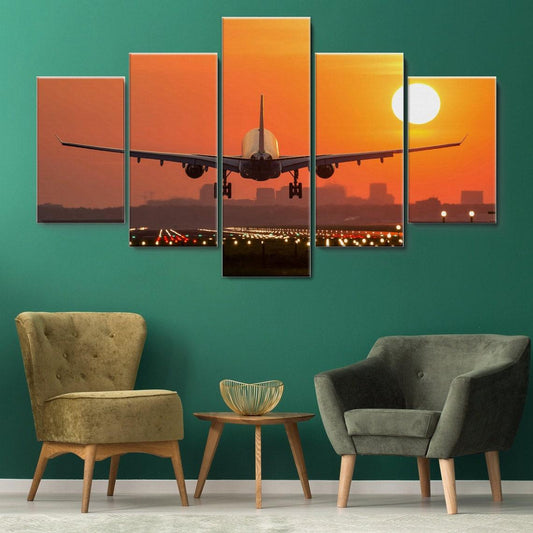 Boeing 737 Jet Landing At Sunset 5 Panel Canvas Print Wall Art - GotItHere.com