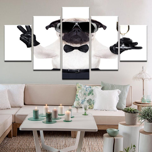 Pug, James Pug Wine Glass And Shades 5 Panel Canvas Print Wall Art - GotItHere.com