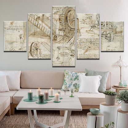 Leonardo Davinci Water Lifting Device Plans 5 Panel Canvas Print Wall Art - GotItHere.com