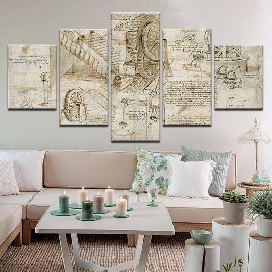 Leonardo Davinci Water Lifting Device Plans 5 Panel Canvas Print Wall Art - GotItHere.com
