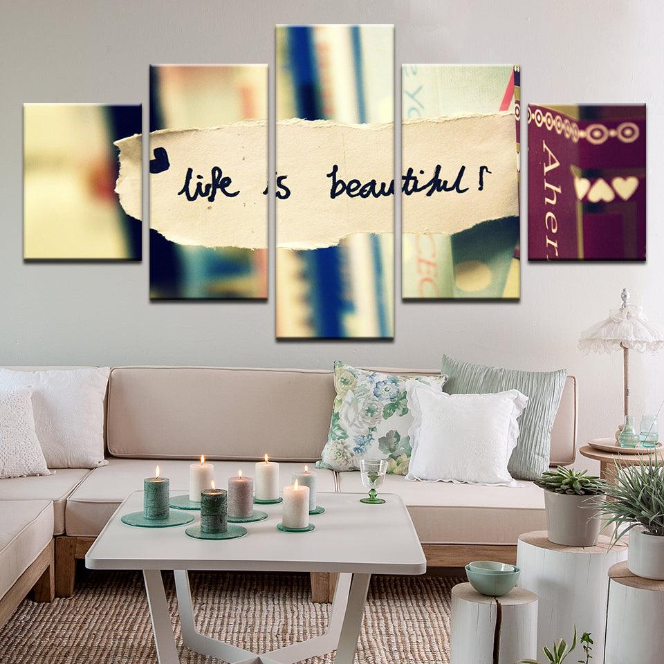 Life Is Beautiful Motivational Inspirational Quote 5 Panel Canvas Print Wall Art - GotItHere.com