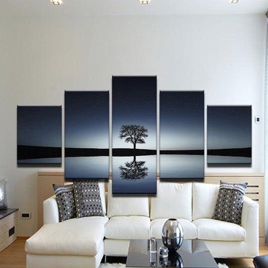 Lone Tree Reflecting In Lake At Twilight 5 Panel Canvas Print Wall Art - GotItHere.com