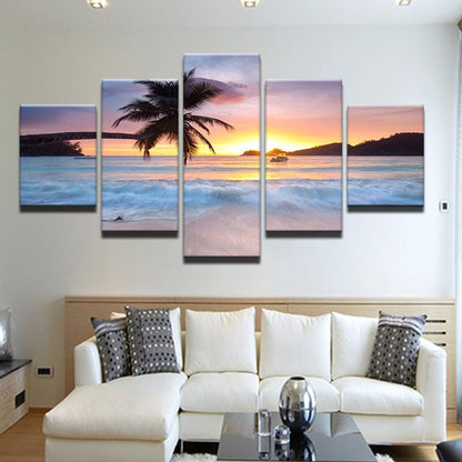 Palm Tree Beach At Sunrise 5 Panel Canvas Print Wall Art - GotItHere.com