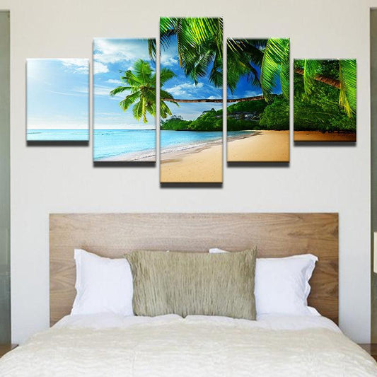 Tropical Island Palm Trees 5 Panel Canvas Print Wall Art - GotItHere.com