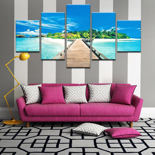 Pier On Beach Bora Bora 5 Panel Canvas Print Wall Art - GotItHere.com