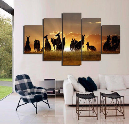 Kangaroos At Sunrise Australian Outback 5 Panel Canvas Print Wall Art - GotItHere.com