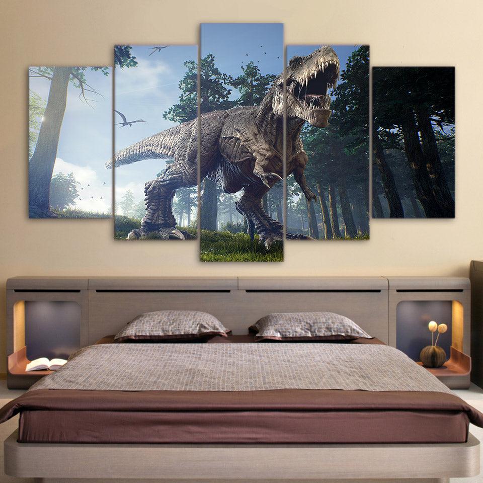 T-Rex Tyrannosaurus Rex In The Forest 5 Panel Canvas Print Wall Art - GotItHere.com
