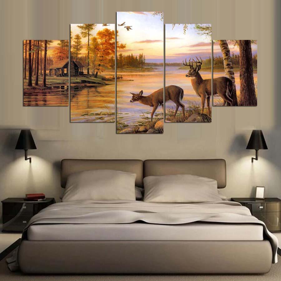 Deer On Autumn Lake Painting 5 Panel Canvas Print Wall Art - GotItHere.com