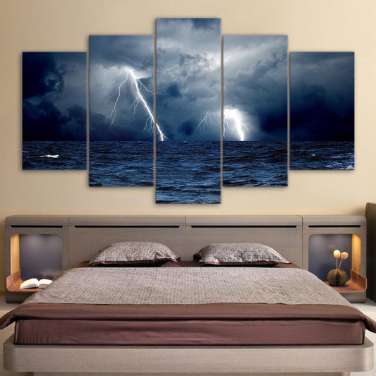 Lightning Storm At Sea 5 Panel Canvas Print Wall Art - GotItHere.com