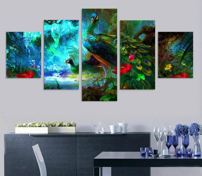 Peacock Painting 5 Panel Canvas Print Wall Art - GotItHere.com