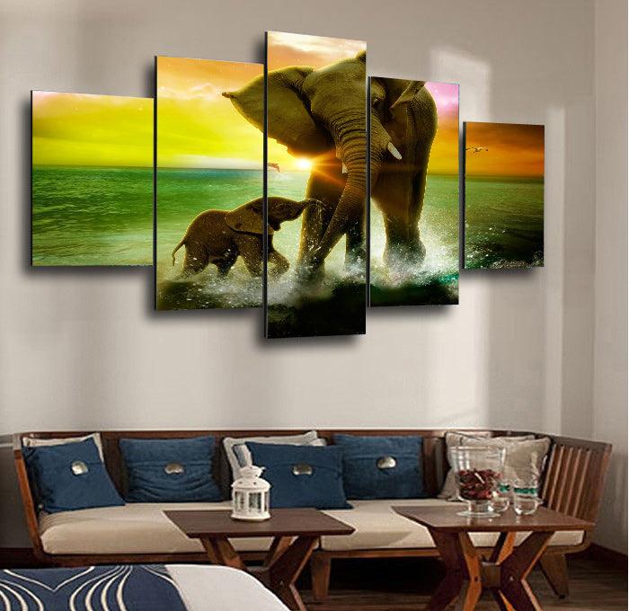 Elephants Playing In The Surf 5 Panel Canvas Print Wall Art - GotItHere.com