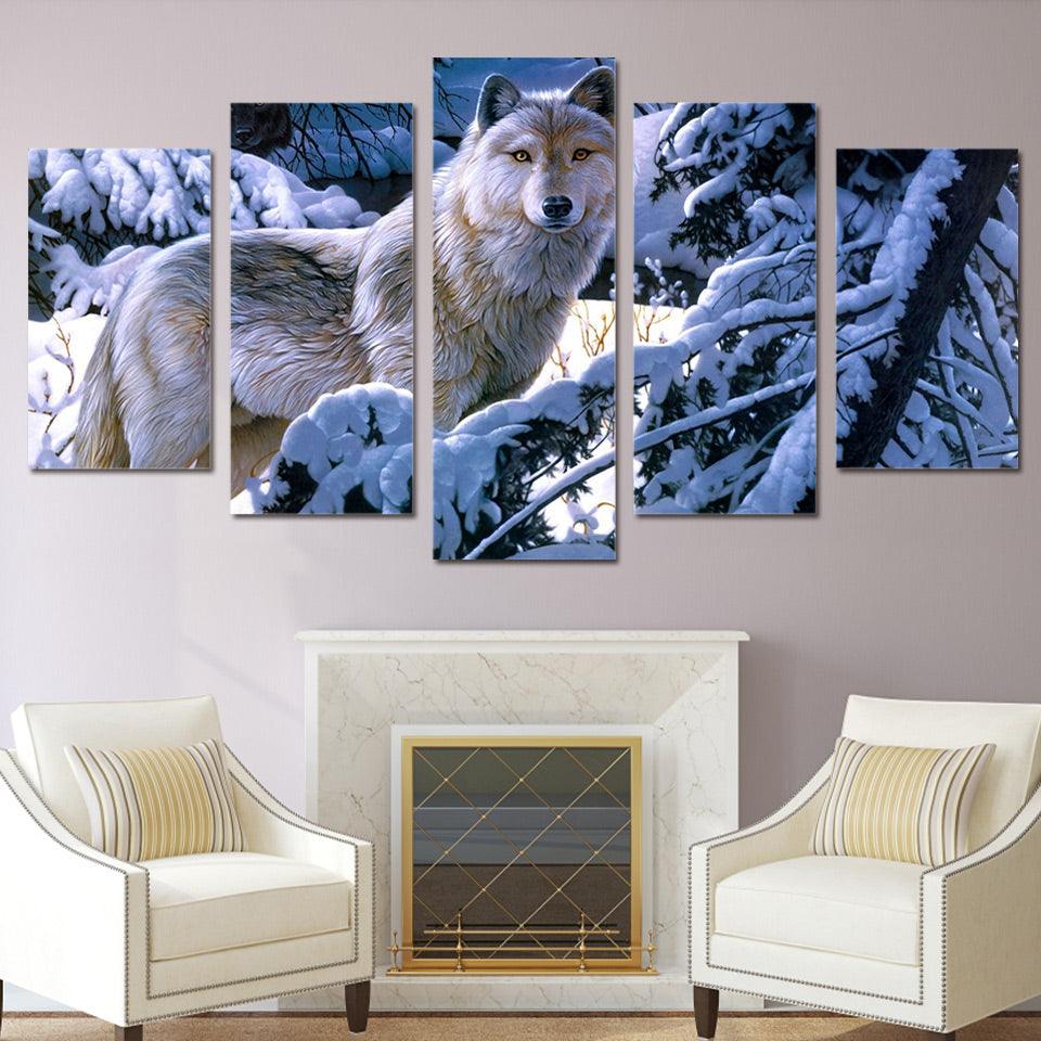 Wolf In Snowy Forest Painting 5 Panel Canvas Print Wall Art - GotItHere.com