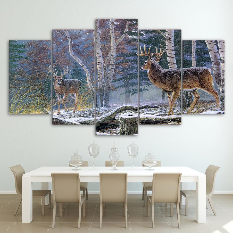 Deer In Forest Painting 5 Panel Canvas Print Wall Art - GotItHere.com
