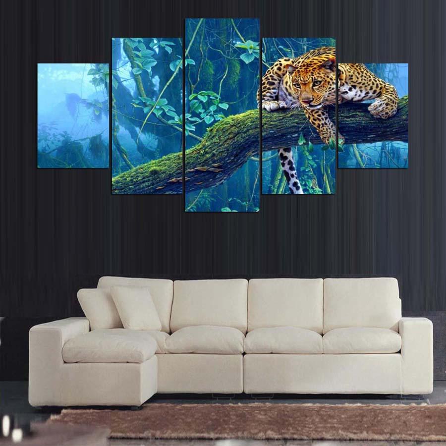 Leopard On Jungle Branch 5 Panel Canvas Print Wall Art - GotItHere.com