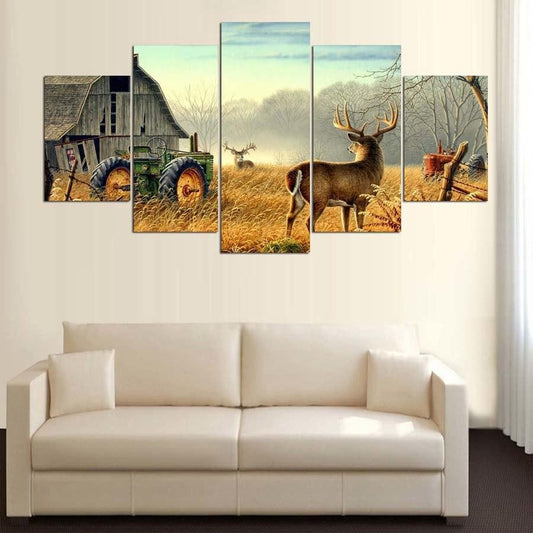 Deer In Field With Rustic Barn Painting 5 Panel Canvas Print Wall Art - GotItHere.com